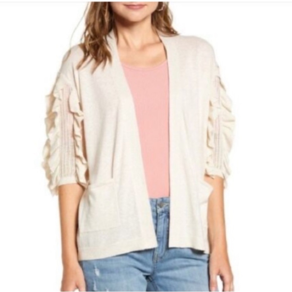 Rachel Parcell Beige Ruffled Quarter Sleeve Lightweight  Knit Cardigan